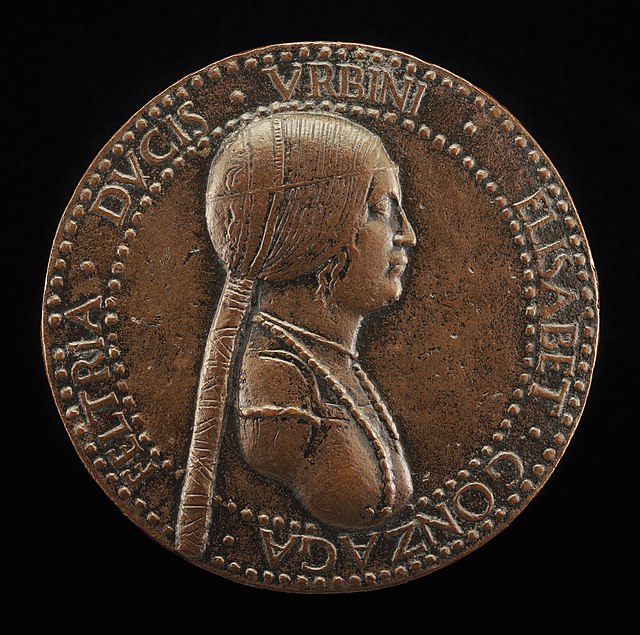Bronze medal, 6 centimeters across, of profile portrait, proper left, of Elisabetta Gonzaga, from the Widener Collection of the National Gallery of Art in Washington, DC.