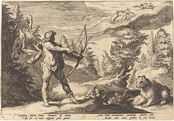 Arcas about to kill his mother, engraving by Hendrik Goltzius, 16th-17th century.