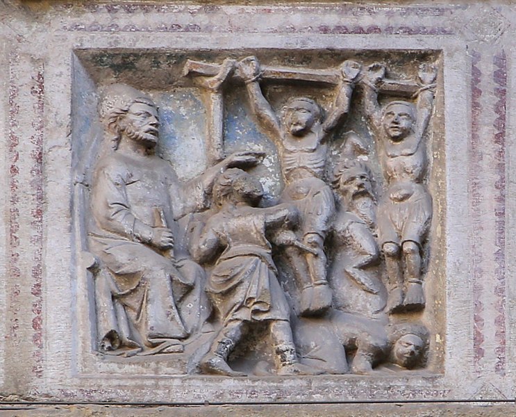 File:Arezzo, santi lorentino e pergentino, esterno, portale con architrave del xiv secolo, storie dei due santi 02 tortura appesi per le braccia 2.jpg