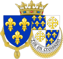 Coat of arms of Charles VIII, showing France Moderne and France Ancient quartered with Jerusalem cross, representing Charles's claim to the Kingdom of Jerusalem Armes charles 8 france et naples.png