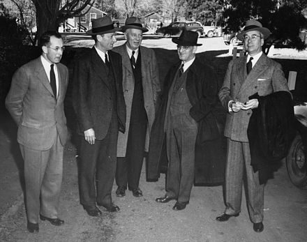 The five Atomic Energy Commissioners at Los Alamos. Left to right: Bacher, David E. Lilienthal, Sumner Pike, William W. Waymack and Lewis L. Strauss