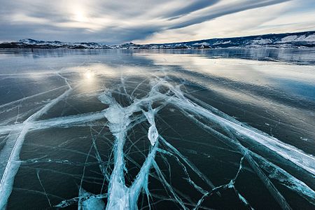 Baikal ice on sunset