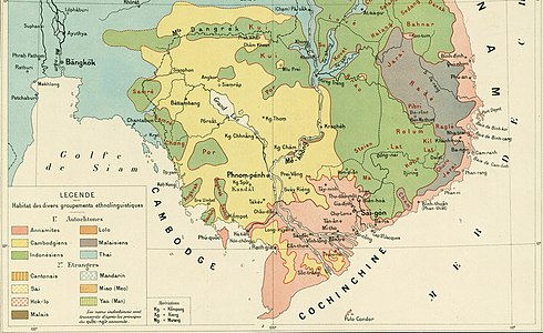 Bản đồ phân vùng cư trú của các dân tộc (sắc tộc) tại Cao Miên (Cambodge) và Nam Kỳ thuộc Pháp (Cochinchine Française) năm 1904.