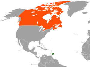 Mapa indicando localização de Barbados e do Canadá.