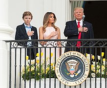 Trump at the 2017 Easter Egg Roll Barron, Melania, and Donald Trump at 2017 Easter egg roll (33573170283) (cropped).jpg