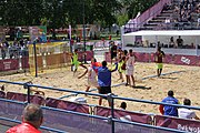 Deutsch: Beachhandball bei den Olympischen Jugendspielen 2018; Tag 4, 10. Oktober 2018; Jungs, Vorrunde, Gruppe A - Spanien-Venezuela 2:0 English: Beach handball at the 2018 Summer Youth Olympics at 10 October 2018 – Boys Preliminary Round Group A – Spain-Venezuela 2:0