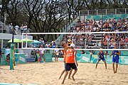 Deutsch: Beachvolleyball bei den Olympischen Jugendspielen 2018; Tag 11, 17. Oktober 2018; Jungen,Finale – Niederlande (Matthew Immers/Yorick de Groot)-Schweden (David Åhman/Jonatan Hellvig) 0:2 (20–22/15–21) English: Beach volleyball at the 2018 Summer Youth Olympics at 17 October 2018 – Final – Netherlands (Matthew Immers/Yorick de Groot)-Sweden (David Åhman/Jonatan Hellvig) 0:2 (20–22/15–21)