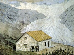 Gemälde der Berliner Hütte, im Hintergrund der Gletscher