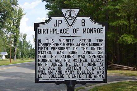 Marker designating the site of James Monroe's birthplace in Monroe Hall, Virginia