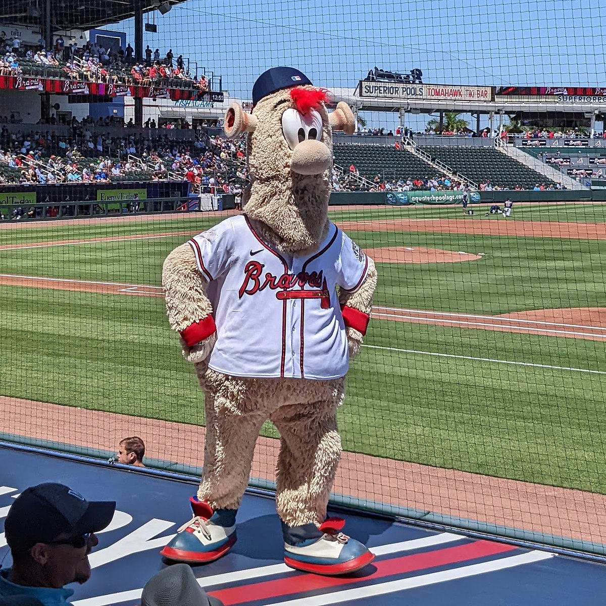 Atlanta Braves mascot Blooper dances on the dugout in honor of Los