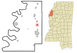 Bolivar County Mississippi Incorporated and Unincorporated areas Merigold Highlighted.svg