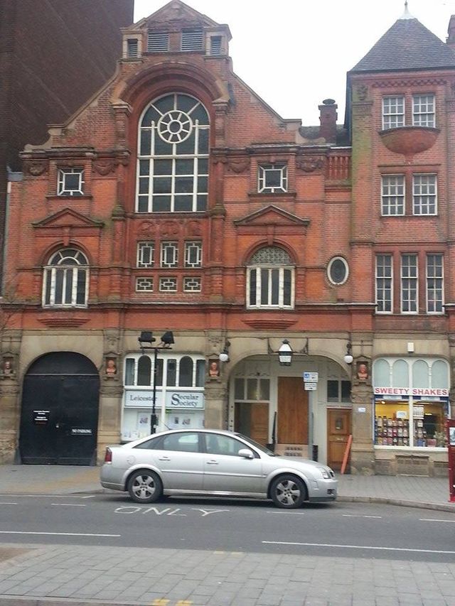 Colour photograph showing the front of Leicester Secular Hall as seen from the street.