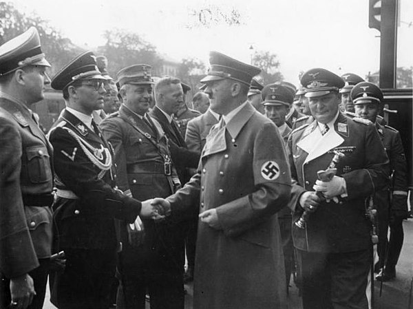 Bouhler with Adolf Hitler, Baldur von Schirach, Hermann Göring, Joseph Goebbels, and Martin Bormann; Munich, October 1938