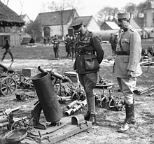 Lt.-Gen. Sir Julian Byng views equipment captured during the battle. The mortar in foreground is a 24 cm LadungsWerfer Ehrhardt. Byng inspects captured trench mortars at Vimy Ridge May 1917 LAC 3213518 (cropped).jpg