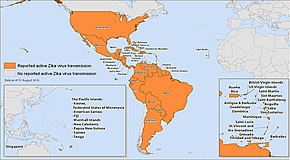 Countries with active Zika virus transmission as of September 2016. CDC Zika active transmission map Sept 2016.jpg