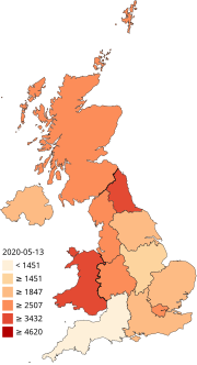 Thumbnail for File:COVID-19 outbreak UK per capita cases map with country borders.svg