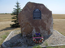 A memorial cairn at the location of the former RCAF Station Mossbank
A RCAF WWII jacket patch for #8 B&G (Bomb & Gunnery) School located at Lethbridge, AB. The Crest Craft D.C. Block back-stamp dates to the early 1940s. Cairn mossbank.jpg