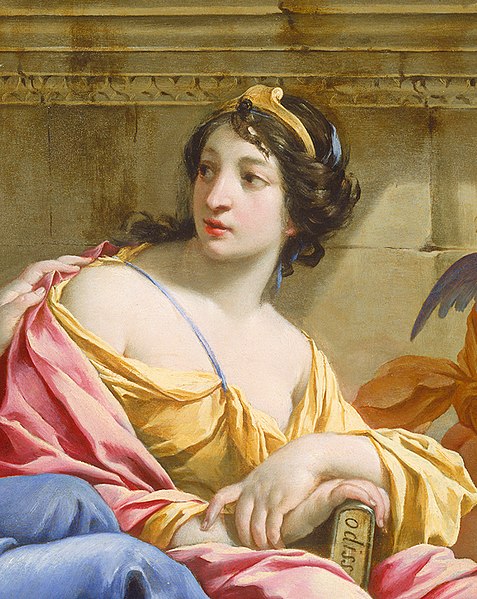 Detail of painting The Muses Urania and Calliope by Simon Vouet, in which she holds a copy of the Odyssey