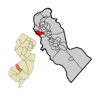 Bellmawr highlighted in Camden County. Inset: Location of Camden County highlighted in the State of New Jersey.
