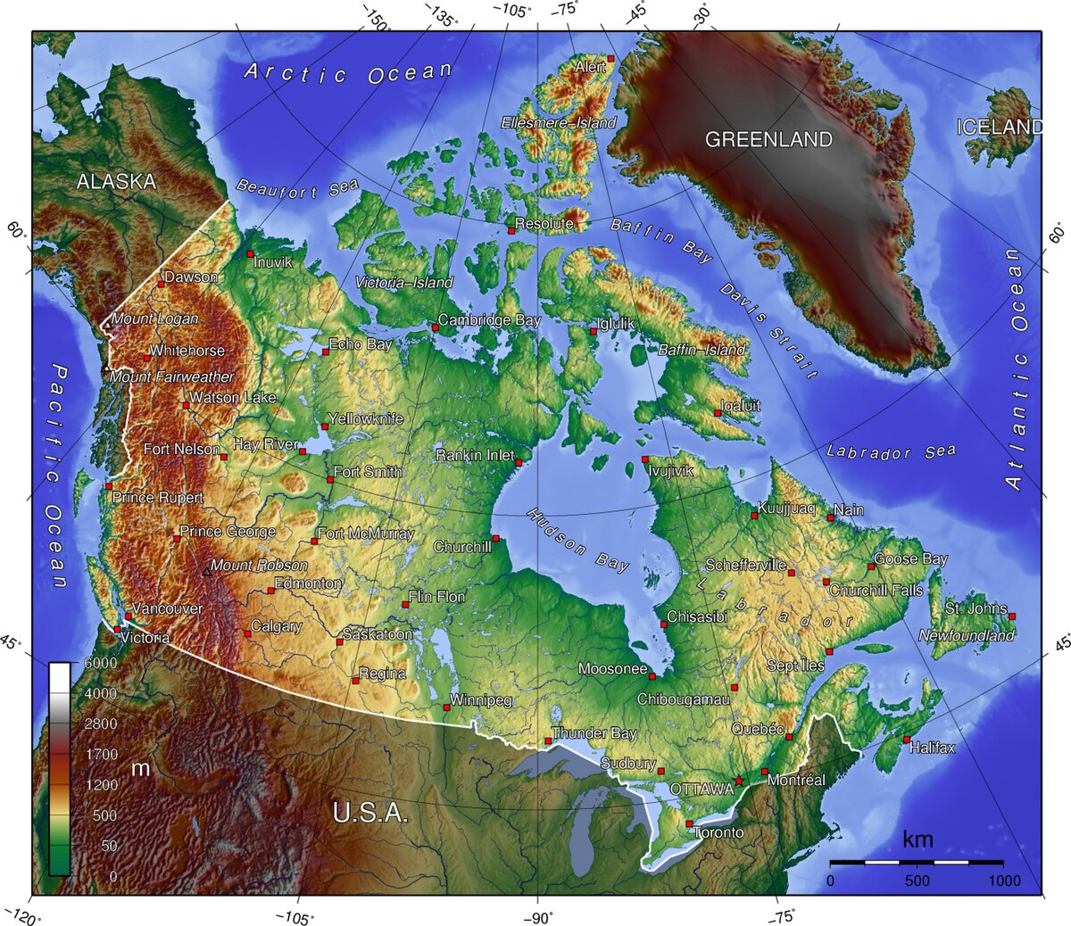 캐나다 전국의 해발 고도를 표시한 지형도(지세도)입니다.