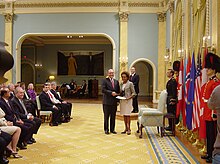 Jacobson presents his letter of credence to Governor General Michaelle Jean in the ballroom of Rideau Hall, 29 October 2009 Canadian Governor-General Michaelle Jean accepts US Ambassador's credentials (3974222987).jpg