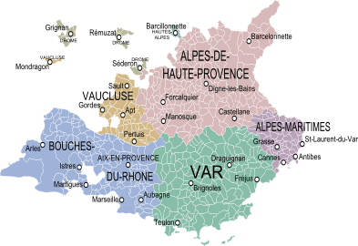 La province de Provence dans ses limites du XVIIIe siècle et les communes et départements actuels.