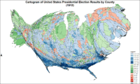 Cartogram (county sizes adjusted proportionate to 1910 census populations) of presidential election results by county.