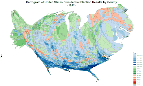 A continuous cartogram of the 1912 United States presidential election