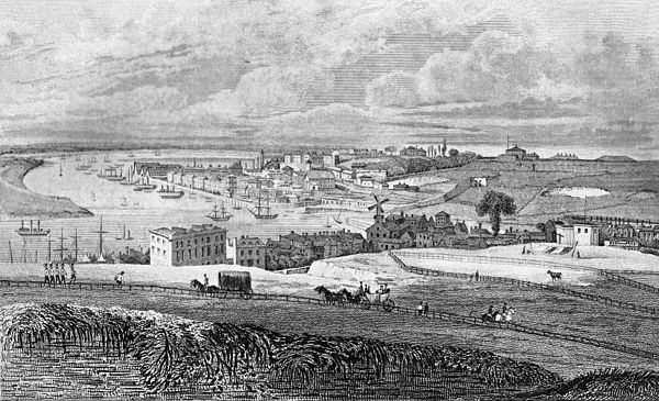 Engraving of "Chatham Dockyard from Fort Pitt" from Ireland's History of Kent, Vol. 4, 1831. Facing p. 349. Drawn by G. Sheppard, engraved by R. Roffe