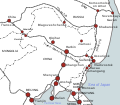 Mapa del ferrocarril Transmanchuriano o del Este de China, nel que sale Shenyang