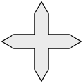 Csücskösvégű kereszt (Bárczay 117., hegyes végű kereszt [Gömbös 60.], fr: croix aiguisée, en: cross urdée, cross urdy, cross aiguisé, cross champaine, cross pointed, cross humetty pointed, passion cross, nail cross, cross of suffering, carpenter's cross, de: zugespitztes Kreuz, Palisadenkreuz, la: crux acuminata) (Az angol urdy etimológiáját egyesek a norvég urd szóban keresik, mely a görög sors istensége megfelelője és heraldikai változata kapcsolatban lehet Jézus szenvedéseivel.)