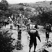 Force Publique soldiers in the Belgian Congo in 1918. At its peak, the Force Publique had around 19,000 Congolese soldiers, led by 420 Belgian officers. Congo belge campagne 1918.jpg