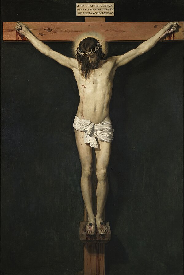 The 17th-century painting Christ Crucified by Diego Velázquez, held by the Museo del Prado in Madrid. According to the canonical gospels, Jesus was arrested and tried by the Sanhedrin, and then sentenced by Pontius Pilate to be scourged, and finally crucified by the Romans for committing blasphemy and sedition.[1][2][3]