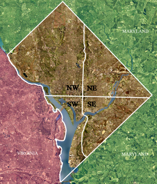 Color-enhanced 2002 USGS satellite image of Washington, D.C. The crosshairs in the image mark the quadrant divisions of Washington, D.C., with the Uni