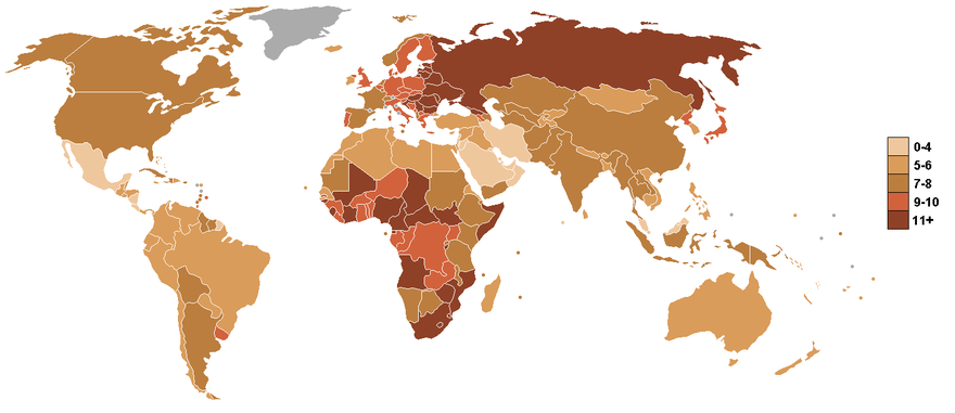 Taux de mortalité dans le monde par pays pour 1 000 habitants et par an[Quand ?]