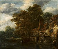 Watermill label QS:Len,"Watermill" label QS:Lpl,"Młyn wodny" label QS:Lfr,"Moulin à eau" 1667. oil on canvas medium QS:P186,Q296955;P186,Q12321255,P518,Q861259 . 48 × 56 cm (18.8 × 22 in). Warsaw, National Museum in Warsaw (MNW).