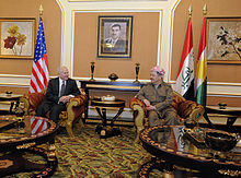 US Secretary of Defense Robert Gates talks with KRG President Massoud Barzani in Erbil, on 8 April 2011. Defense.gov News Photo 110408-F-DQ383-019 - Secretary of Defense Robert M. Gates talks with Kurdistan Regional Government President Barzani after arriving in Irbil Iraq during a trip on.jpg