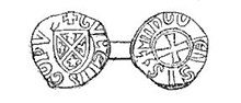 2 cercles approximatifs dessinés en noir, avec des lettres autour et au centre : à gauche un blason à droite une croix