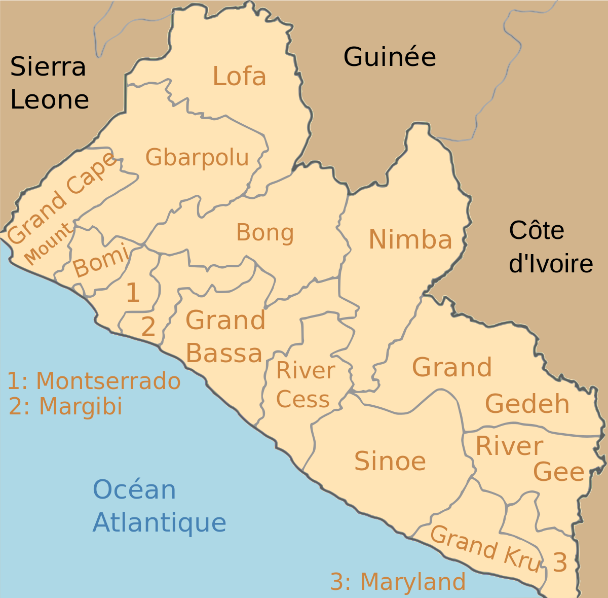 Либерия на карте. Карта района Либерии. Административное деление Либерии. Карта Либерии на русском языке.