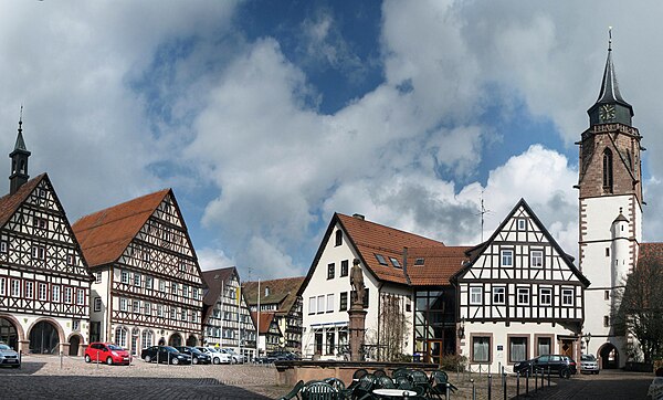 The market square of Dornstetten, Germany, showing an ensemble of half-timbered buildings