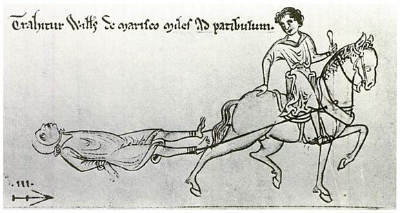 As illustrated in Matthew Paris's Chronica Majora, William de Marisco is drawn to his execution behind a horse.