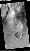 Side view of crater that was cut by a wall, as seen by HiRISE under HiWish program Other craters are also in this view.