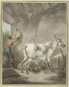 Ein stallender Schimmel mit einem Bauern, der einen Sattel aufhängt by Francesco Casanova
