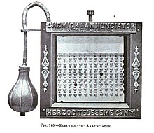 An annunciator would alert a hotel attendant that a room had made a request through their teleseme. Electrolytic Annunciator - Herzog Teleseme Company.jpg