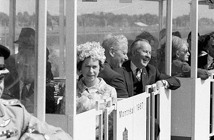 Queen Elizabeth II and Prime Minister Lester B. Pearson on the minirail at Expo 67, July 3, 1967.