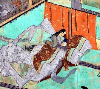 Empress Shoshi and son, 13th century illustration. Pale pleated mō train