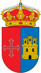 Coat of Arms of Agoncillo: hollow Calatrava cross in argent on a gules field, Or Castle on a field of azure, of Medrano Escudo de Agoncillo-La Rioja.svg