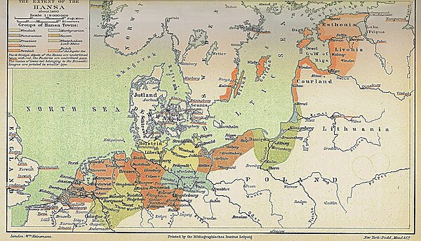 The Extent of the Hansa about 1400.