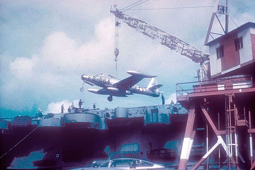 F-84E loaded on USS Bataan (CVL-29) 1950