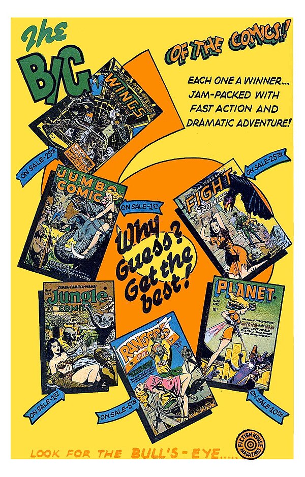 House ad for "The Big 6 of the Comics!" advises, "Look for the Bull's-Eye..... Fiction House Magazines".